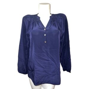 Lilly Pulitzer Top Women's S Navy Blue Elsa Silk Long Sleeve V-neck Blouse Shirt